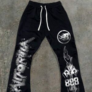 Black Graphic Sweatpants with White Drawstring